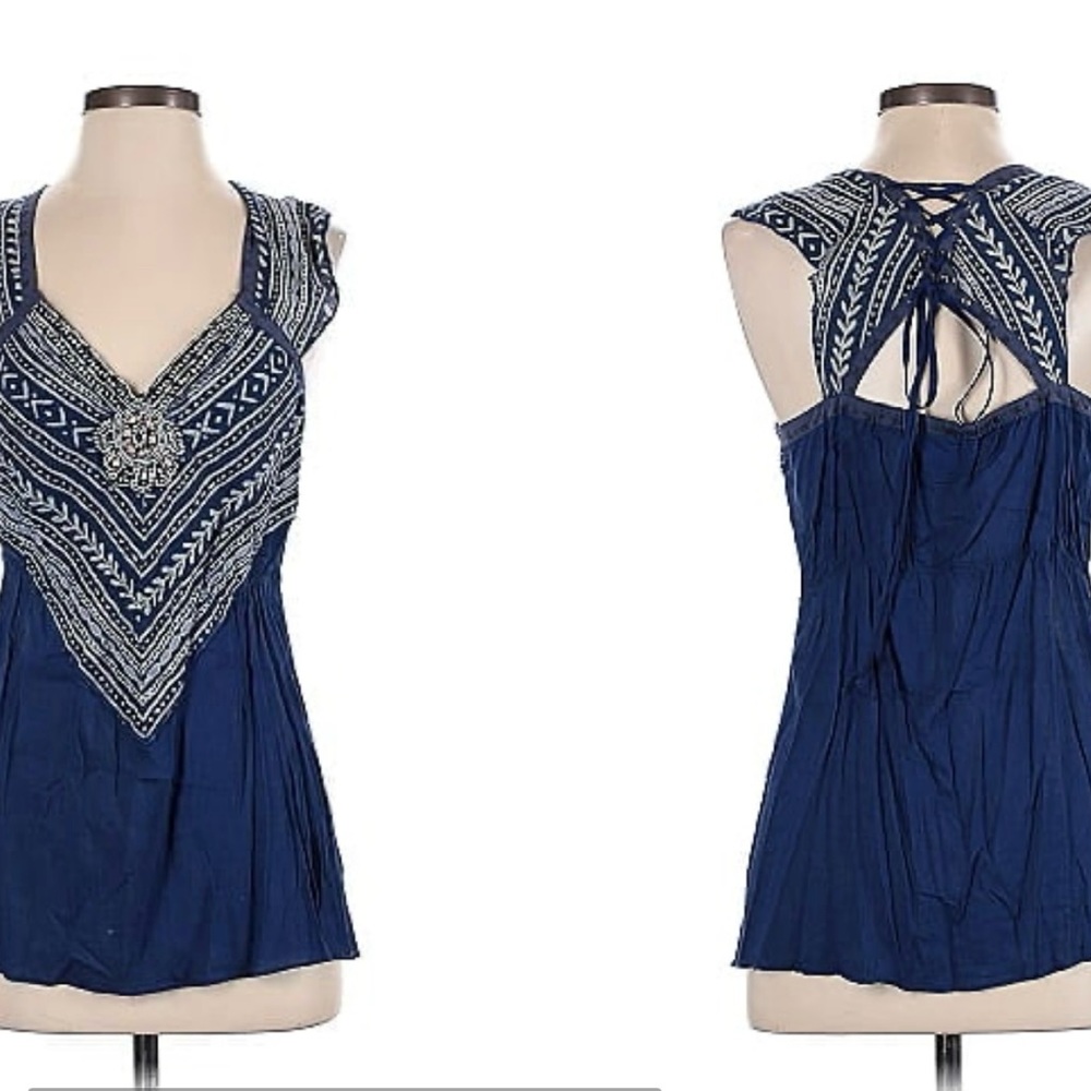 Free People Sleeveless tank top chevron/herringbone, chevron embroidered boho xs